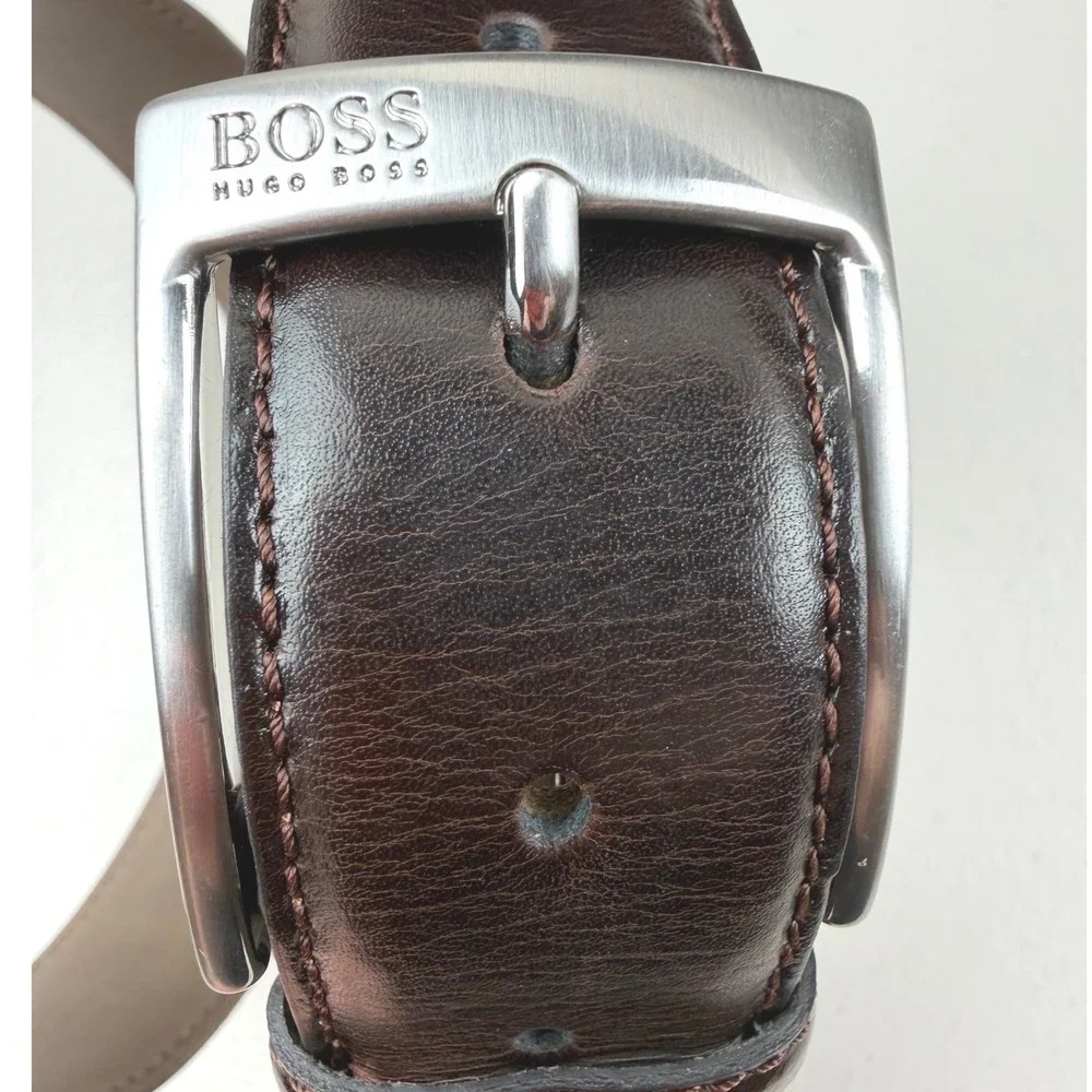 Hugo Boss Esily Brown Cowskin Leather Belt Silver Buckle Size 85 32 50138409